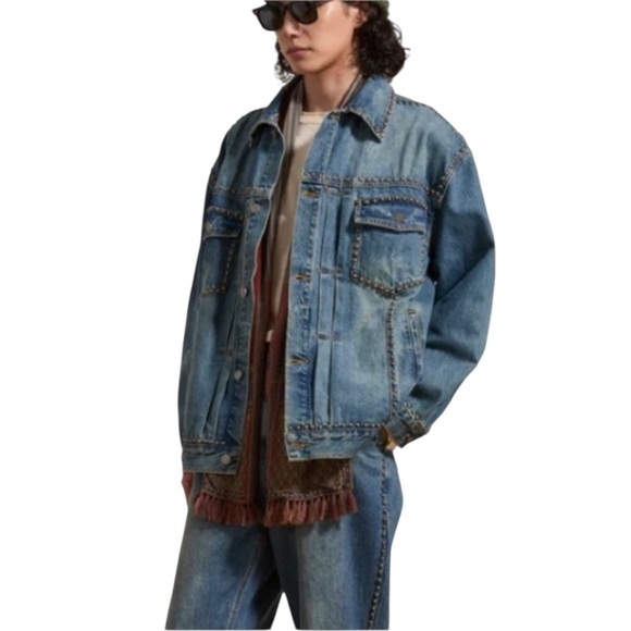 FOUND Azar Studded Oversized Denim Jean Jacket NWT Statement Layering Piece - Picture 1 of 16